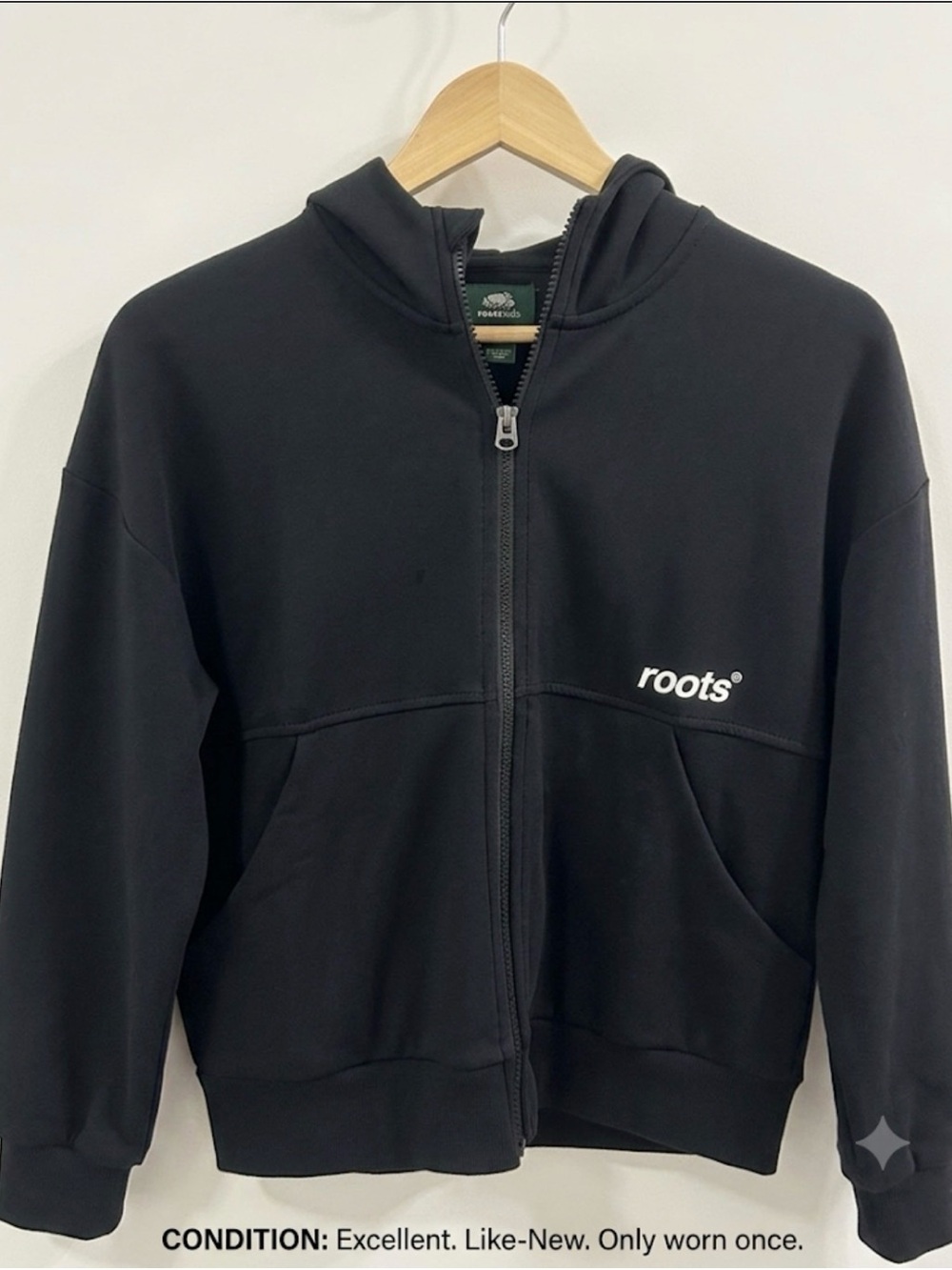 Roots Kids Black Zip Hoodie 11-12Y Like New Worn Once